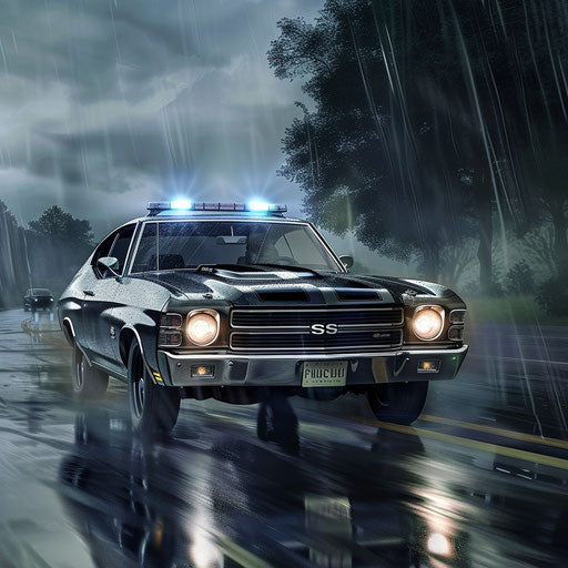 A 1969 Chevrolet Chevelle SS with a police kit, in pursuit on a rain-soaked highway.