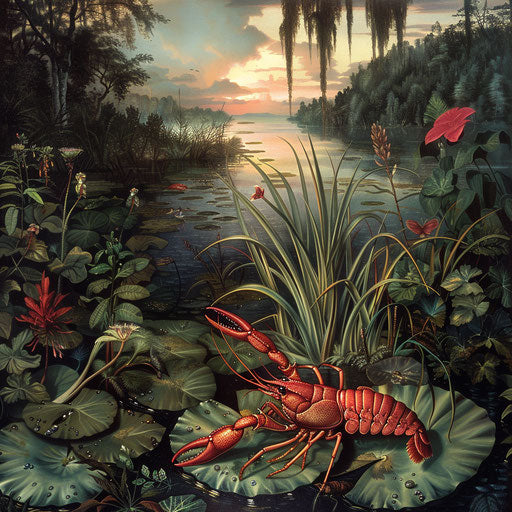 Crayfish in a lush aquatic landscape at dawn