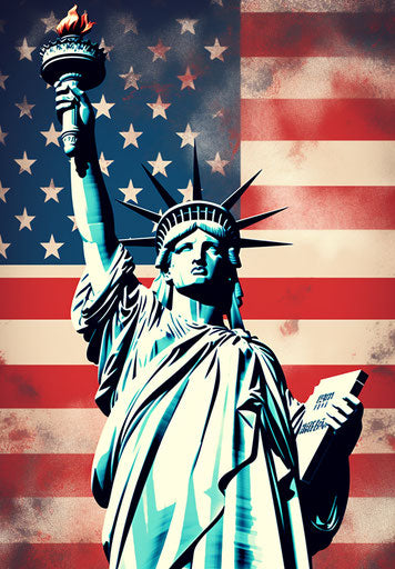 The statue of liberty in front of an american flag, graphic and bold style