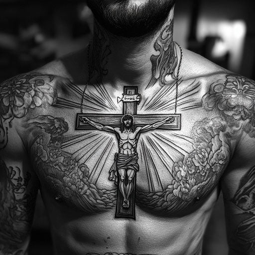 Christian tattoos for men with crucified figure shrouded in light on upper chest in Steve Sack style