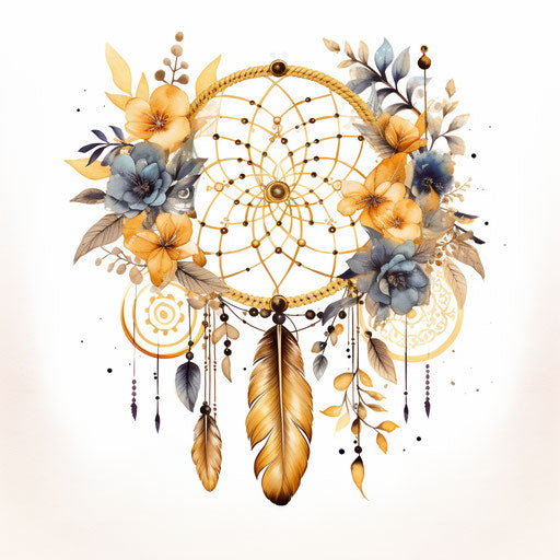 Dream catcher framed in gold floral ornaments on a white background