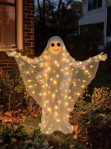 Glowing ghost costume for Halloween in the yard