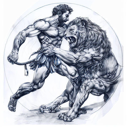Hercules fighting the Nemean lion, dramatic Greek tattoo design