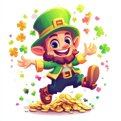 Leprechaun dancing with pot of gold, vector art style