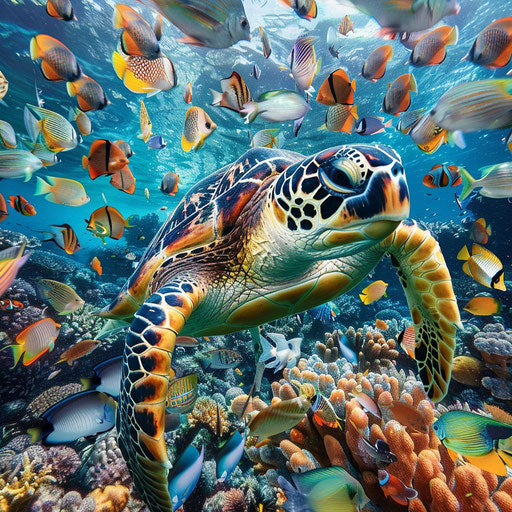 Sea turtle surrounded by colorful fish