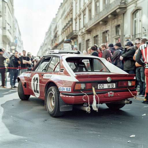 Alfa Romeo Alfasud in a Gumball 3000 rally livery, surrounded by enthusiasts at a checkpoint in a European capital