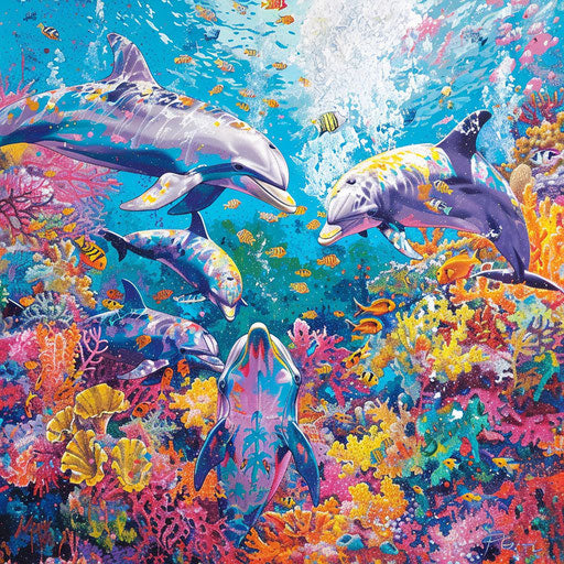 Vibrant painting of dolphins participating in a coral festival
