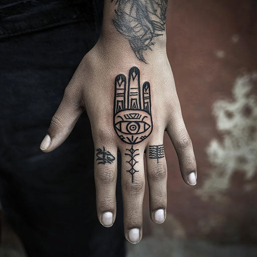Simple hand tattoos in the style of Ami James with minimalist tribal symbols