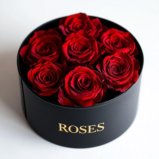 Round black box with red roses and logo "ROSES" in gold letters on white