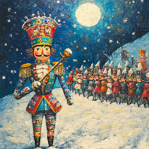 The Nutcracker prince leads a parade of toys under the moon
