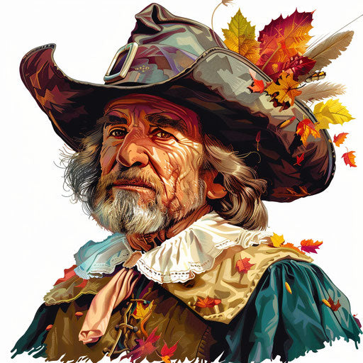 Realistic pilgrim clipart on flat white background, vibrant hues