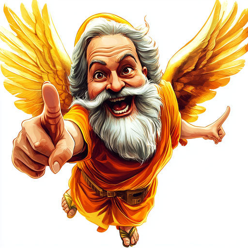 Humorous caricature of a holy spirit caricature clipart with human characteristics, exaggerated prominent chin, big hands, backlit, vibrant colors, cartoon style, pointing, high-resolution, no background, isolated