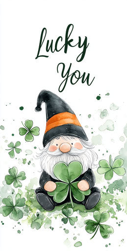 Sweet gnome with green shamrock, surrounded by clovers