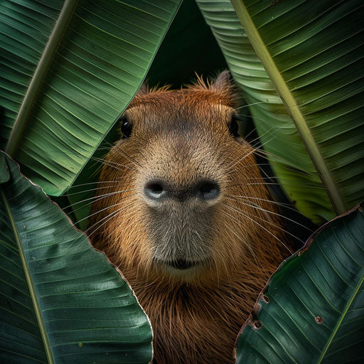 Playful capybara behind a large leaf, Elke Vogelsang style