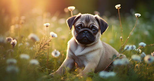 Pug puppy in front of daisy meadow, maroon and emerald style