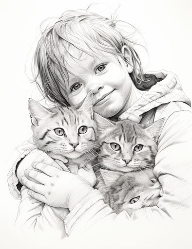 Cat with children coloring pages, ink-washed style
