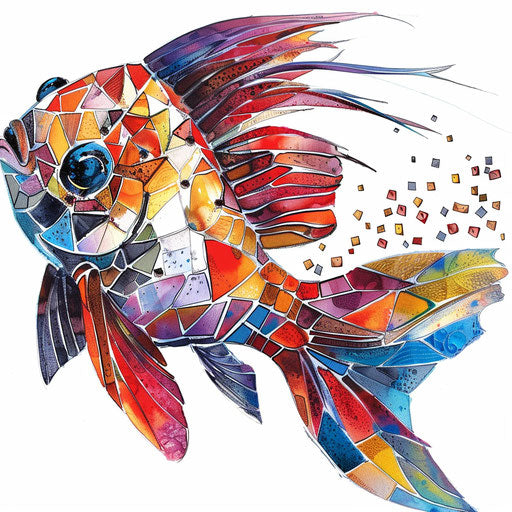 Colorful mosaic fish tattoo on white background