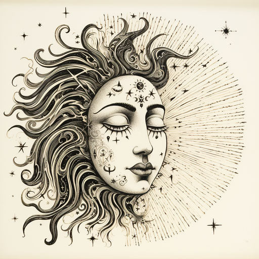 Hand drawn on the moon's face with rays and flare