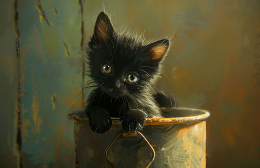 Black kitten on a tin can, wiccan style, wrapped, soft