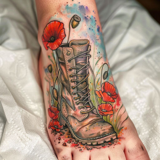 Army boots walking on a poppy field