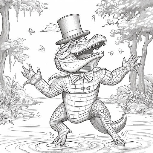 A dancing alligator in a top hat