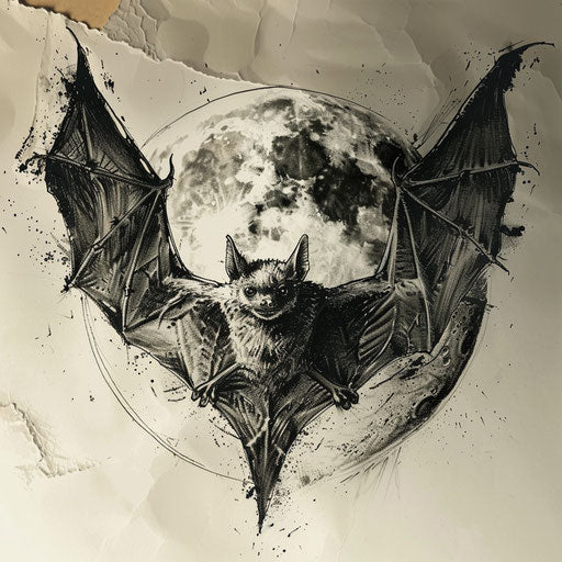 Sketch of a mystical bat tattoo with a full moon, dark and dramatic