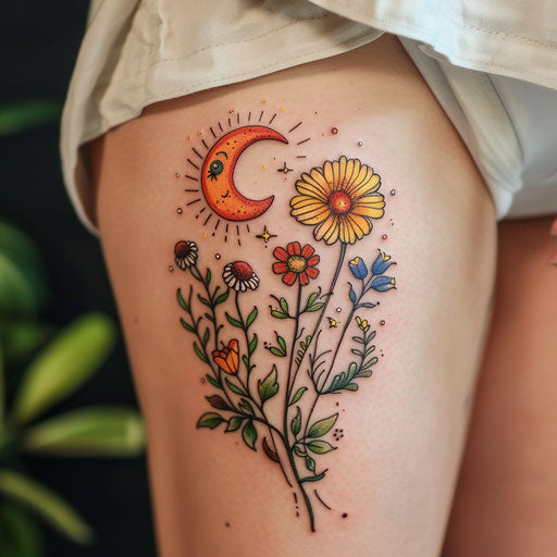 Wildflower tattoo with crescent sun and moon, contrasting elements, vibrant colors