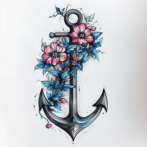 Anchor tattoo with intertwined flowers in blue and pink
