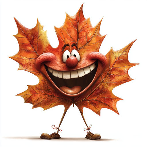 Humorous caricature of a maple leaf with human characteristics