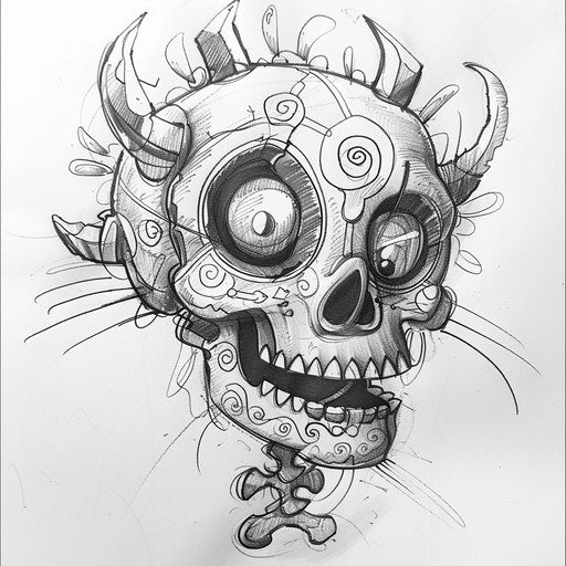 Whimsical flat tattoo sketch of a cartoonish Calavera with playful, exaggerated features
