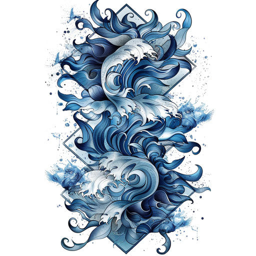 Geometric water patterns in tattoo style, cool tones on white background