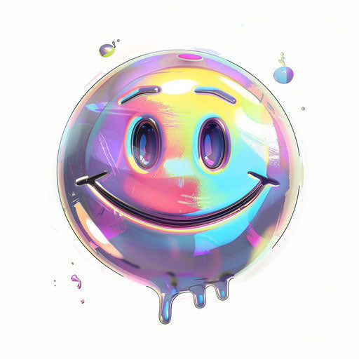 Futuristic holographic smiley tattoo design, iridescent colors, on white
