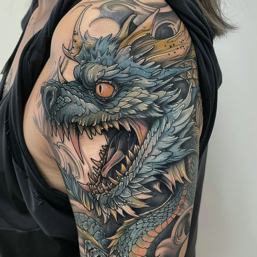 Mythical beast cover up tattoo in the style of Glenn Fabry