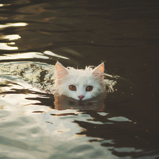 White cat swimming in a lake by the shore