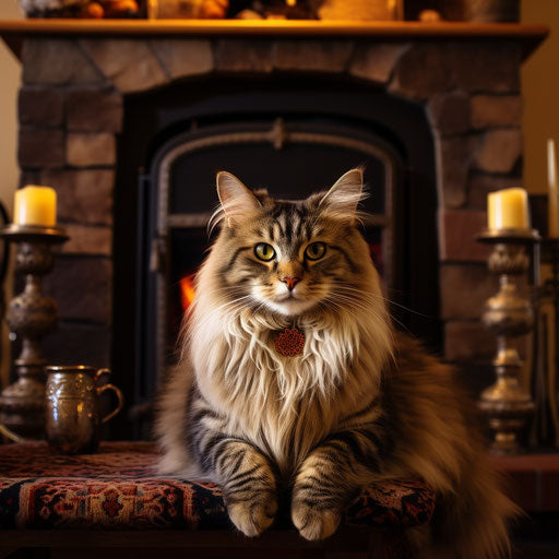 A siberian cat in front of a fire in a fireplace