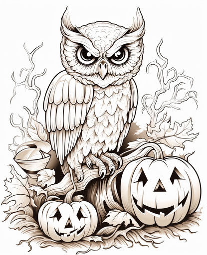 Free Halloween coloring pages with an owl and bat