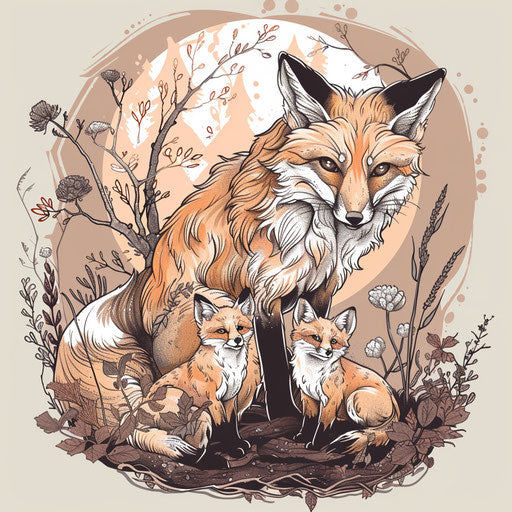 Clipart style sketch of a fox family in a forest