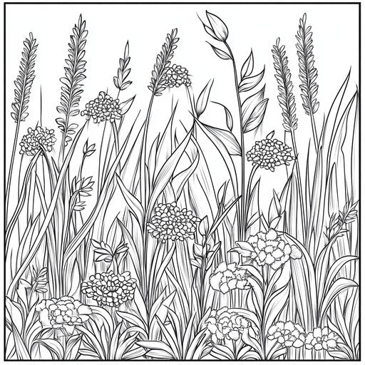 Stylish grass in a decorative garden in the style of Megan Hess Coloring book page