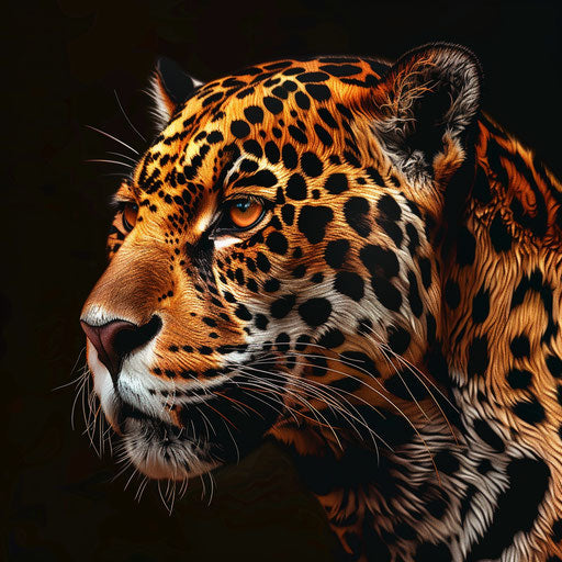 Jaguar clipart in photo realistic style with a flat random background, high contrast and saturated hues