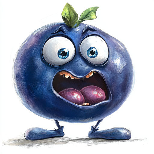 Humorous caricature of a blueberry with human characteristics