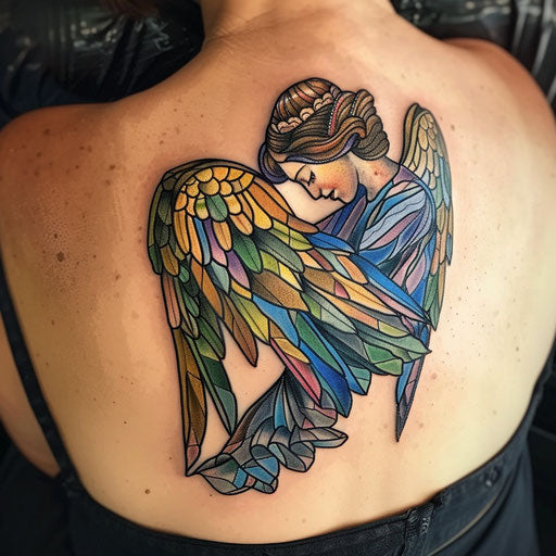Guardian angel tattoo in stained glass style, vibrant colors