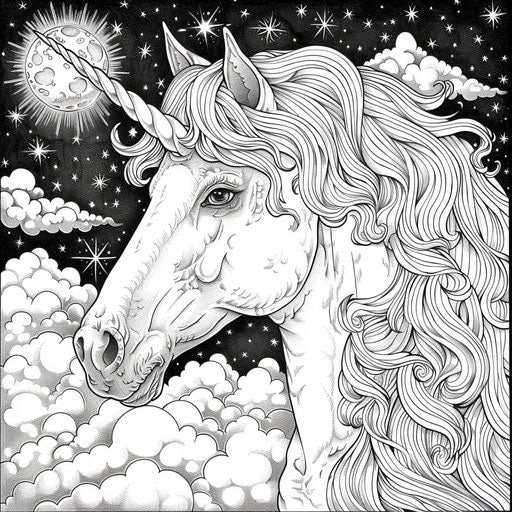 Mystical unicorn in a starry night sky. Coloring book page