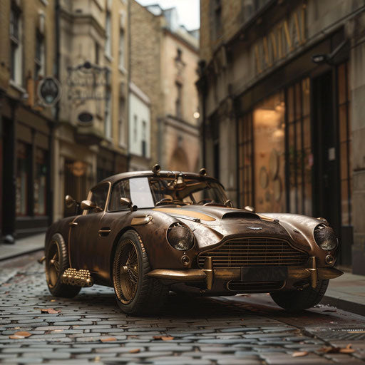 Steampunk Car with Brass Ornaments in London Alley