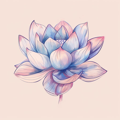 Digital drawing of a small lotus tattoo, pastel shades on white