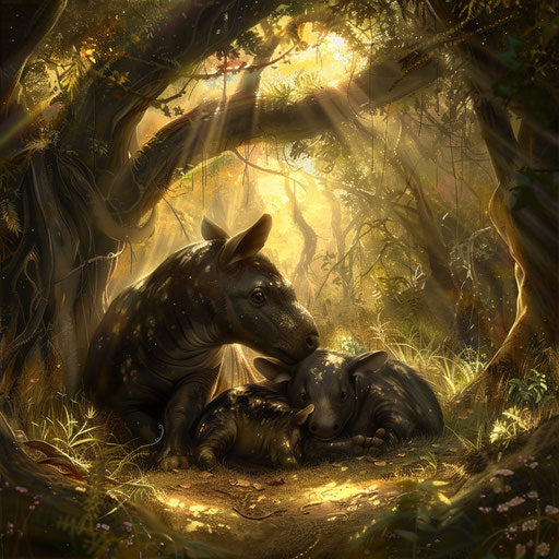 Baird's tapir mother and baby cuddle in a sunlit clearing
