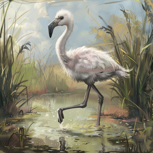 First steps of a baby flamingo in soft marshy land
