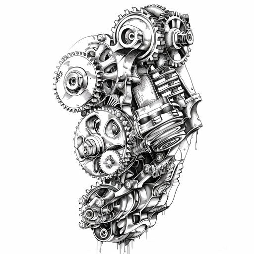 Mechanical gear and piston tattoo design illustration, detailed, on white background