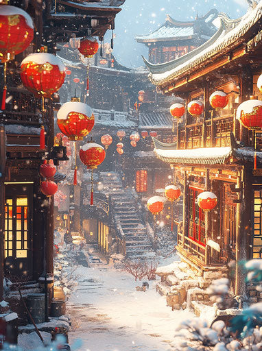Architectural elements in Chinese style with red lanterns