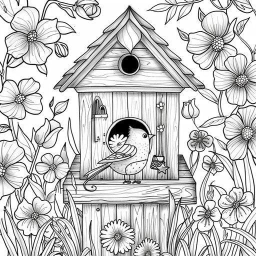 Garden scene with birdhouse and flowers. Coloring book page