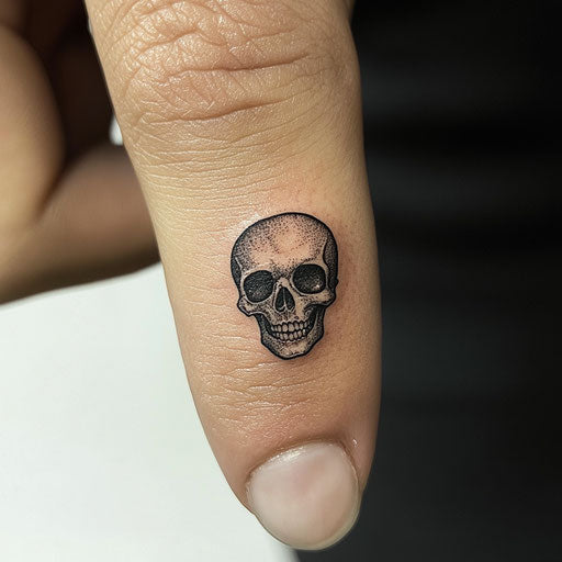 Thumb tattoo depicting a tiny, detailed skull